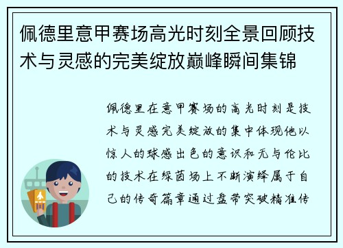 佩德里意甲赛场高光时刻全景回顾技术与灵感的完美绽放巅峰瞬间集锦