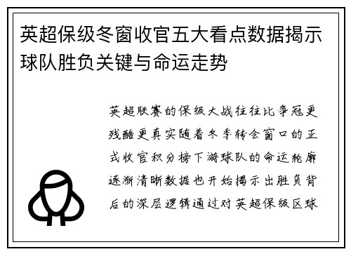 英超保级冬窗收官五大看点数据揭示球队胜负关键与命运走势