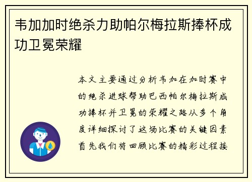 韦加加时绝杀力助帕尔梅拉斯捧杯成功卫冕荣耀